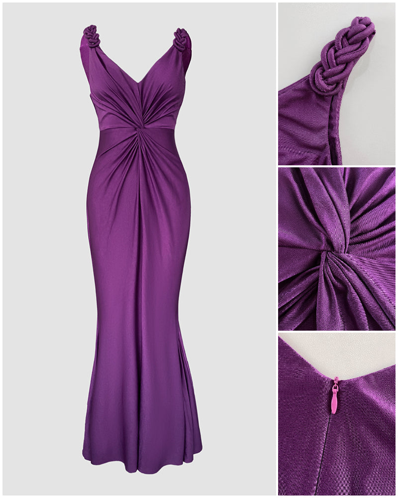 Deep V-Neck Braided Straps Twist Front Cinched Waist Evening Dress Casual Zipper Back Mermaid Hem Satin Maxi Dress