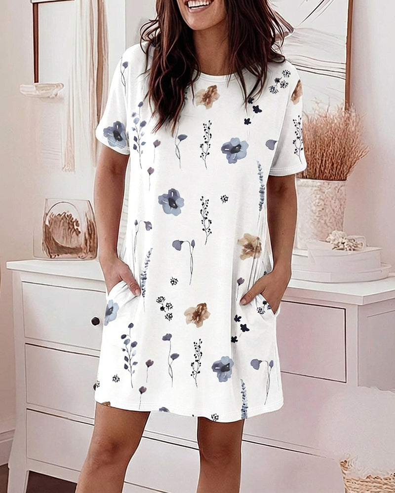 Watercolor Floral Print Short Sleeve Mini Nightdress Casual Loose Fit Loungewear with Pockets
