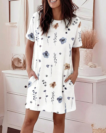Watercolor Floral Print Short Sleeve Mini Nightdress Casual Loose Fit Loungewear with Pockets