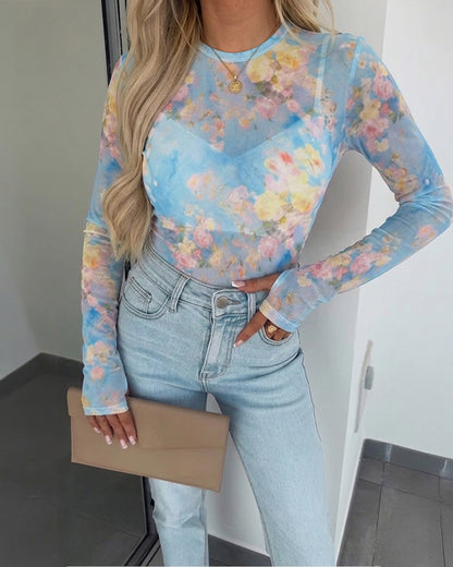 Women's Watercolor Floral Mesh Long Sleeve Top Sheer O-Neck Slim Fit Blouse for Casual Streetwear & Layering
