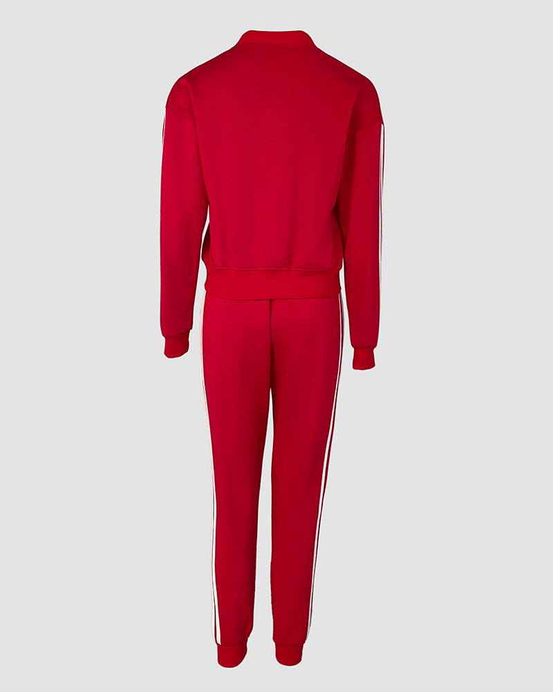 Conjunto de 3 piezas: abrigo con botones a presión delanteros, pantalones elásticos con cintura elástica, costuras delanteras y puños elásticos, y camiseta de tirantes; chándal casual con rayas laterales en contraste