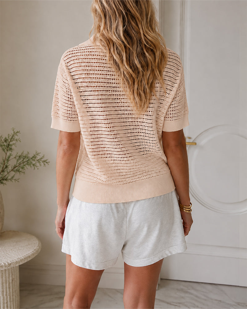 Women's Half Zip Polo Knit Top Short Sleeve Hollow-out Sweater