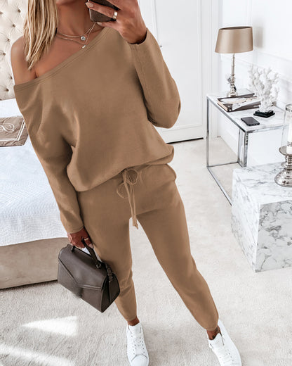 2 Pieces Outfit Long Sleeve Skew Neck Pullover Top And Drawstring Elastic Waist Slim Fit Pants Set