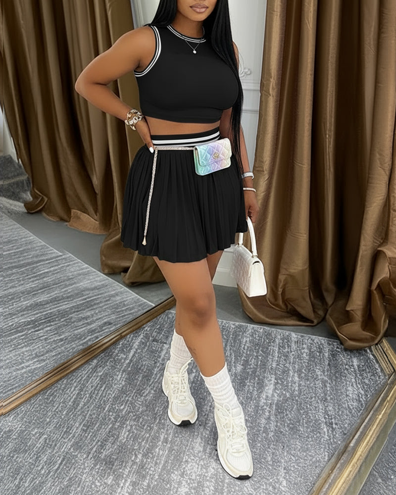 2 Pieces Outfit Round Neck Sleeveless Crop Tank Top and Elastic Waist Pleated Mini Skirt Set Casual Contrast Paneled Set