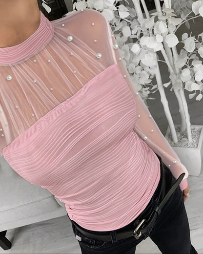 Pearls Decor High Neck Sheer Mesh Spliced Ruched Tee Hollow-out Back Slim Fit Textured Top
