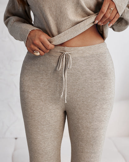 2 Pieces Outfit Skew Neck Long Sleeve Loose Pullover Top and Drawstring High Waist Slim Fit Pants Set