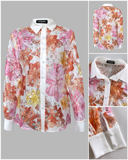 Tie Dye Print Turn-down Collar Long Sleeve Button Front Shirt Casual Hollow-out Top
