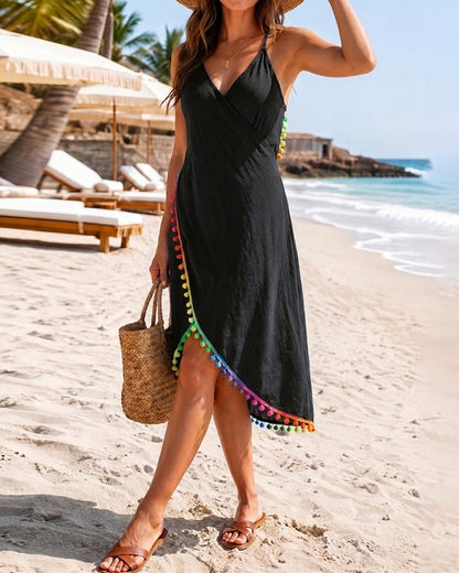Women's Pom Pom Beach Cover Up Backless Wrap Sheer Swimsuit Vacation Cami Dress