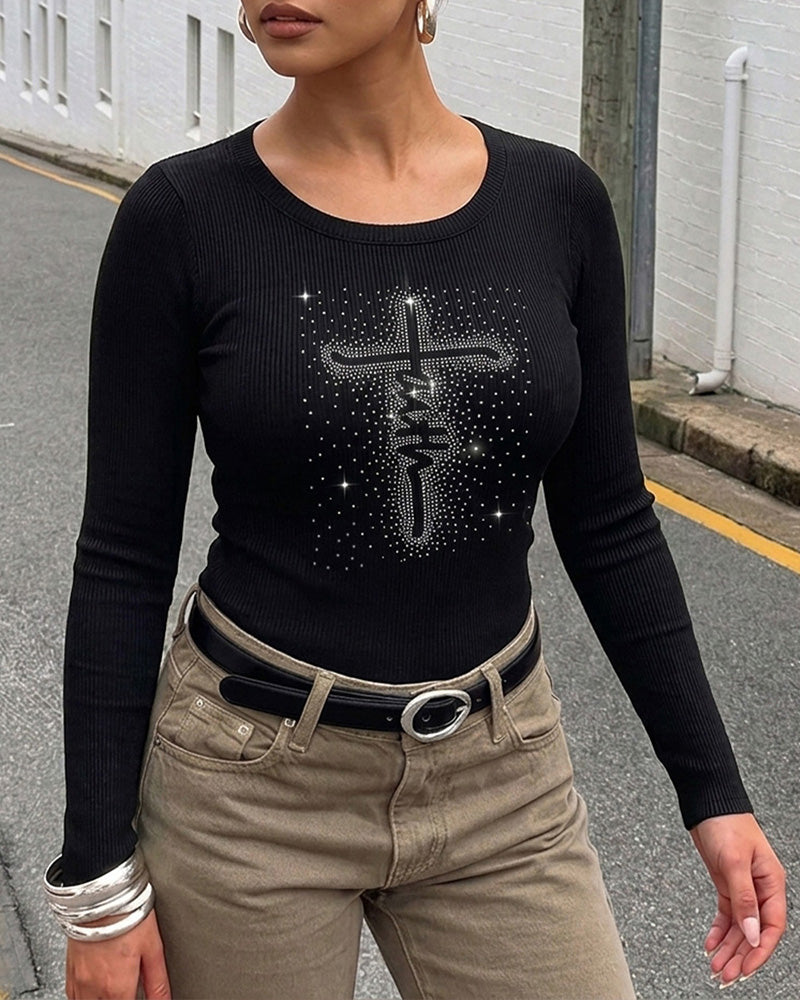 Women's Square Neck Long Sleeve Top Rhinestone Faith Letter Graphic Ribbed Knit Shirt Slim Fit Casual Sparkly Tee