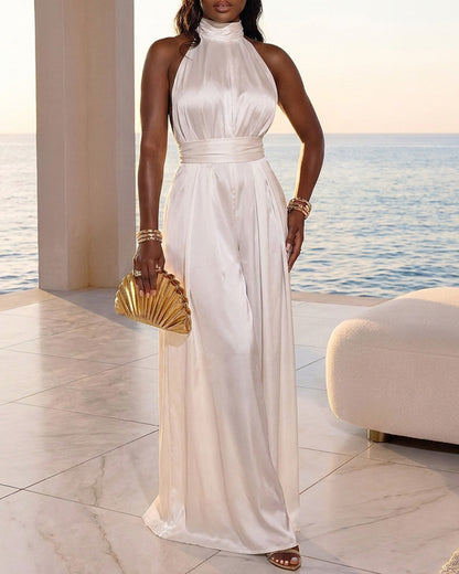 Women's Satin Halter Jumpsuit Mock Neck Sleeveless Wide Leg Overalls Elegant High Waist Jumpsuit with Belt