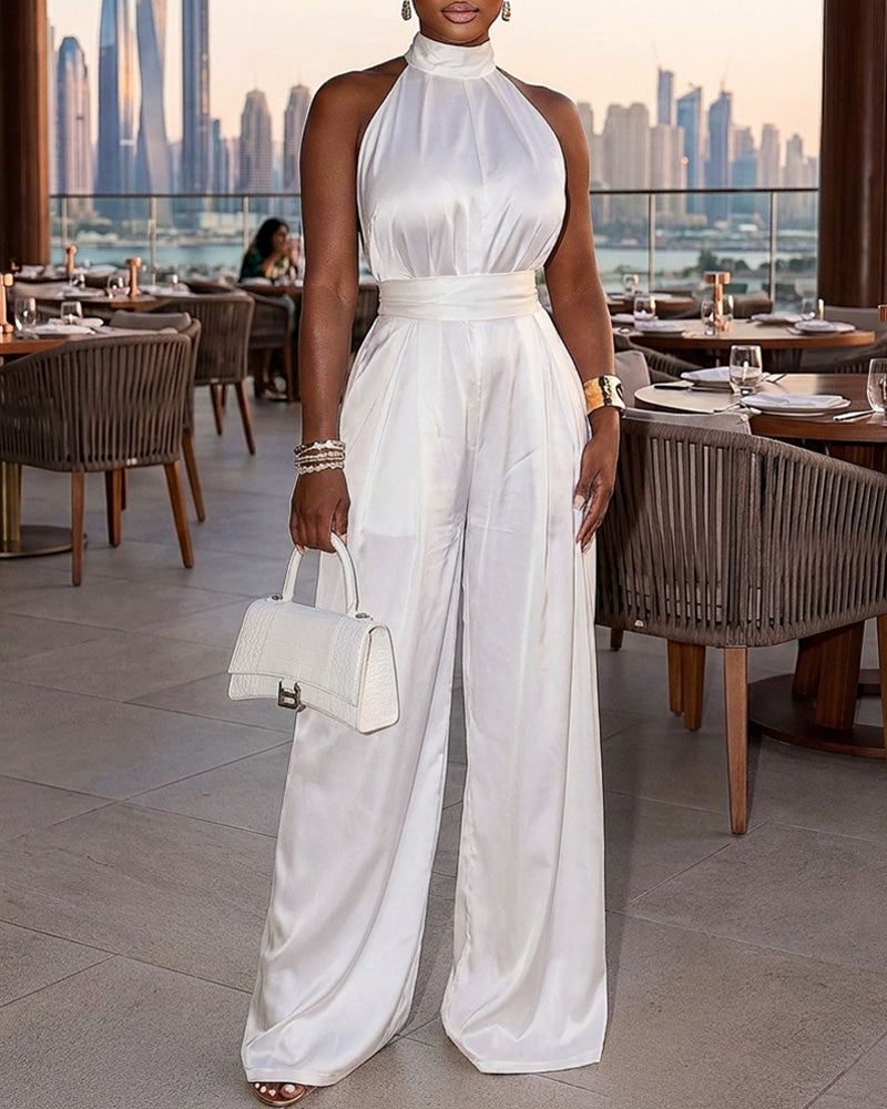Women's Satin Halter Jumpsuit Mock Neck Sleeveless Wide Leg Overalls Elegant High Waist Jumpsuit with Belt