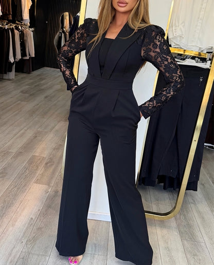 Women's Notched Lapel Jumpsuit Sheer Lace Long Sleeve Wide Leg Overalls Casual Evening Jumpsuit