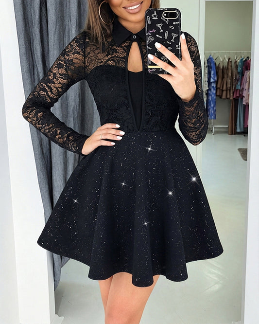 Damen-Spitzen-Patchwork-Langarmkleid in A-Linie, glitzerndes, ausgehöhltes Mini-Partykleid mit abnehmbaren transparenten Trägern