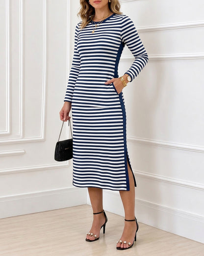 Women's Casual Striped Midi Dress Long Sleeve Crewneck Contrast Side Panel Side Slit T-Shirt Knit Dress with Pockets