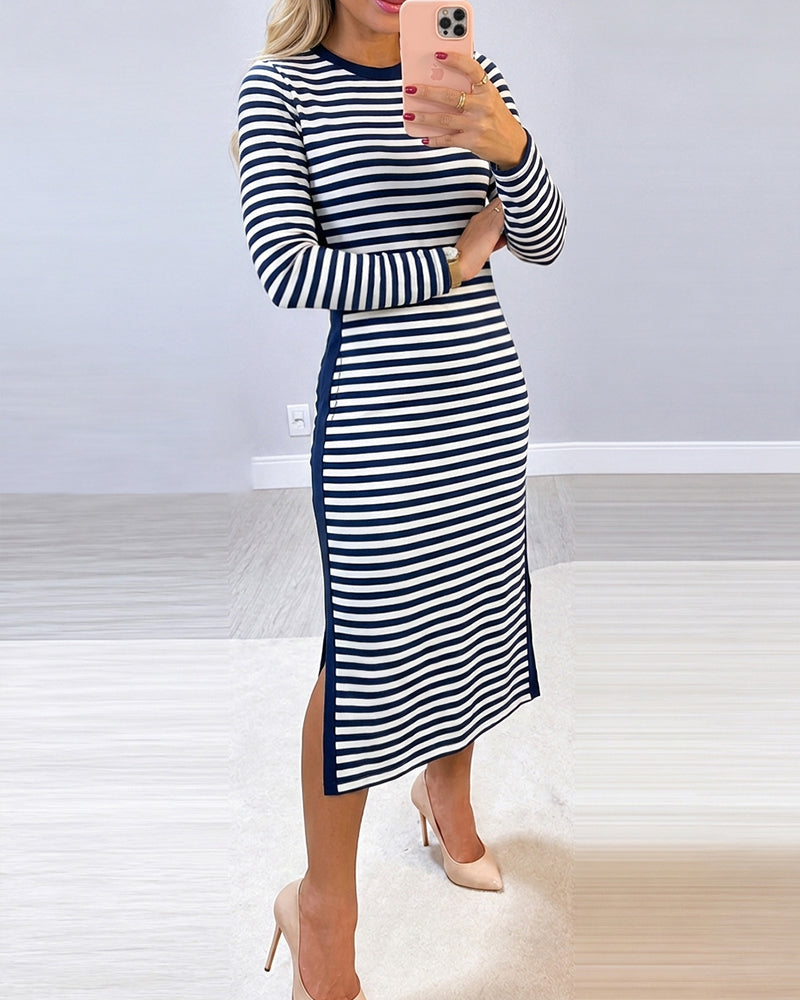 Women's Casual Striped Midi Dress Long Sleeve Crewneck Contrast Side Panel Side Slit T-Shirt Knit Dress with Pockets