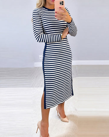 Vestido midi casual de punto para mujer, a rayas, con manga larga, cuello redondo, panel lateral en contraste, abertura lateral y bolsillos