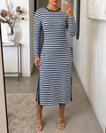 Women's Casual Striped Midi Dress Long Sleeve Crewneck Contrast Side Panel Side Slit T-Shirt Knit Dress with Pockets