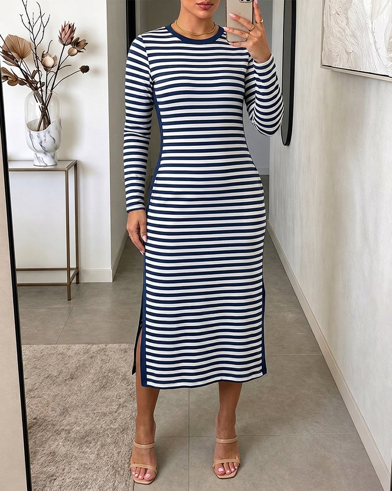 Women's Casual Striped Midi Dress Long Sleeve Crewneck Contrast Side Panel Side Slit T-Shirt Knit Dress with Pockets