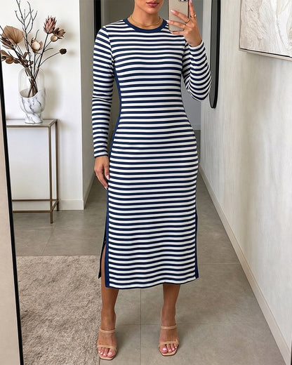 Women's Casual Striped Midi Dress Long Sleeve Crewneck Contrast Side Panel Side Slit T-Shirt Knit Dress with Pockets