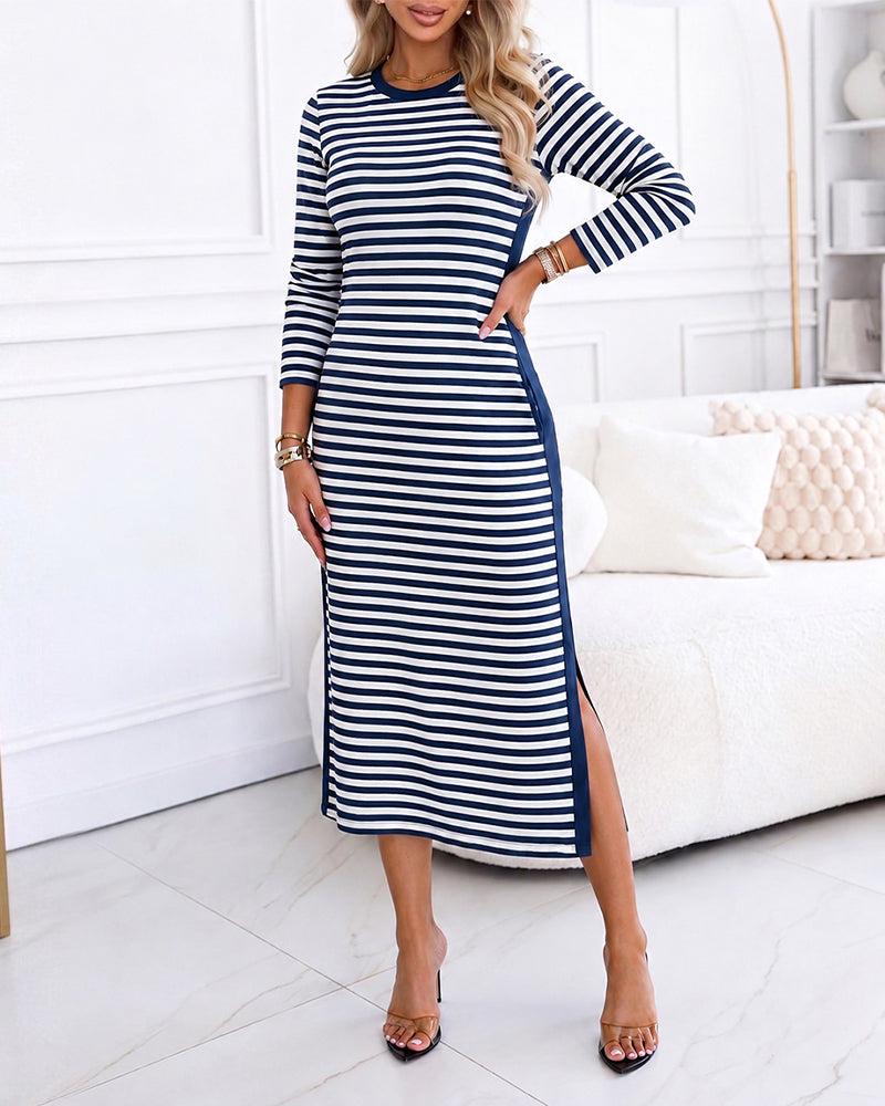 Women's Casual Striped Midi Dress Long Sleeve Crewneck Contrast Side Panel Side Slit T-Shirt Knit Dress with Pockets