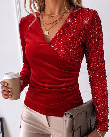 Velvet Contrast Sequin V-Neck Ruched Shirt Crisis Cross Overlap Tee Casual Wrap Top