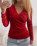Velvet Contrast Sequin V-Neck Ruched Shirt Crisis Cross Overlap Tee Casual Wrap Top
