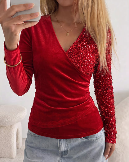 Velvet Contrast Sequin V-Neck Ruched Shirt Crisis Cross Overlap Tee Casual Wrap Top
