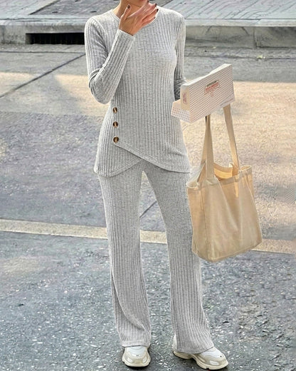Women's Brushed Ribbed Knit 2 Piece Set Button Long Sleeve Top and Wide Leg Pants with Pockets Casual Loungewear