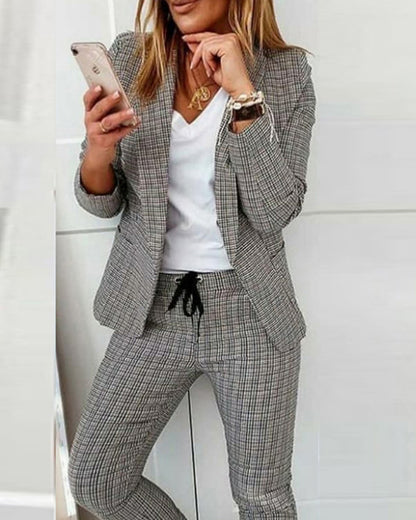 2 Piece Blazer Notched Collar Plaid Print Coat Drawstring Pants Set With Pockets Casual Suits