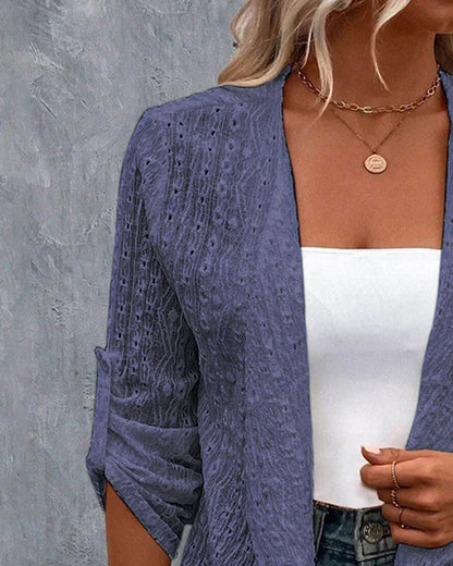 Eyelet Embroidery Turn-Up Sleeves Open Front Coat