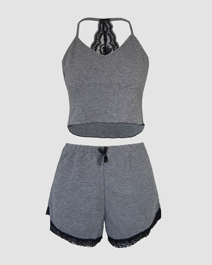2 Pieces Colorblock Halter Contrast Lace Backless Tank Top & Waffle Knit Casual Shorts Sets