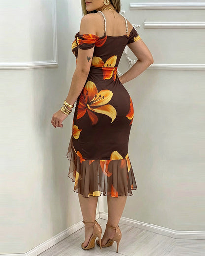 Women's Vintage Floral Print Bodycon Dress Cowl Neck Stretchy Pearl Strap Mermaid Dress Elegant Side Slit Evening Gown