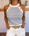 Women's Halter Neck Tank Top Striped Sleeveless Gold Button Contrast Binding Knit Top