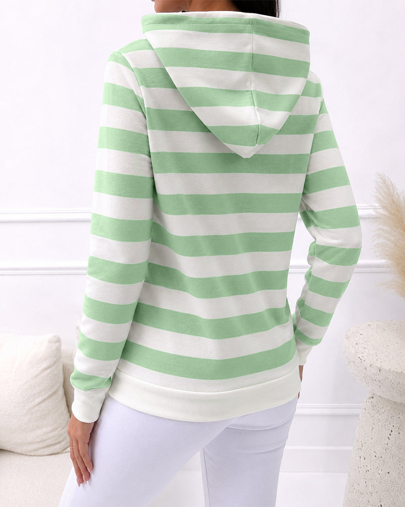 Women's Striped Pullover Sweatshirt Stand Collar Drawstring Kangaroo Pocket Casual Top