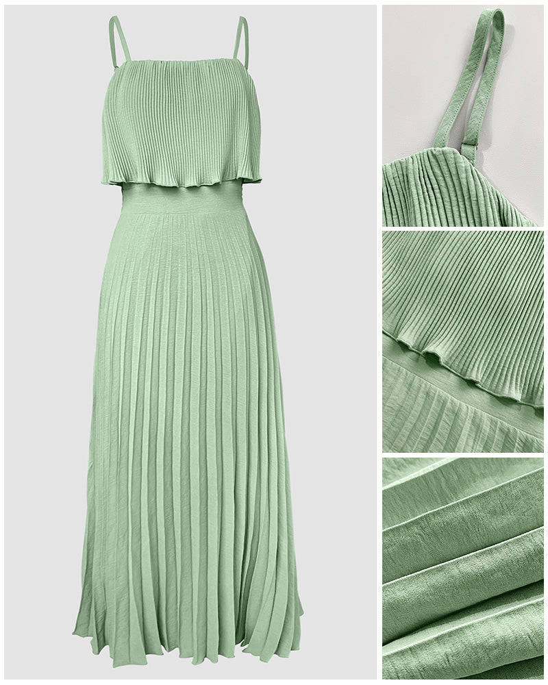 French Style Adjustable Spaghetti Straps Pleated Overlay Design Cami Dress Casual Cinched Waist Shirred Back Pleated Vacation Dress