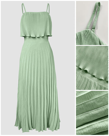 French Style Adjustable Spaghetti Straps Pleated Overlay Design Cami Dress Casual Cinched Waist Shirred Back Pleated Vacation Dress