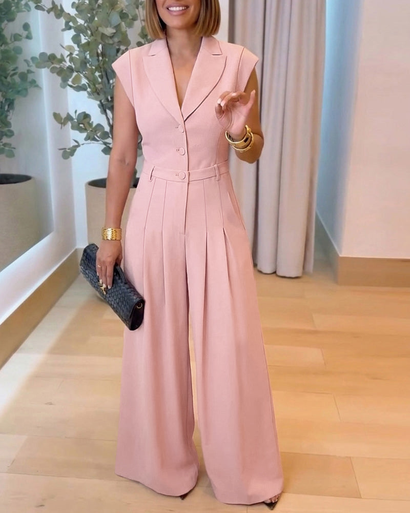 Mono elegante para mujer con solapas, escote en V, mangas cortas, cintura alta y perneras anchas