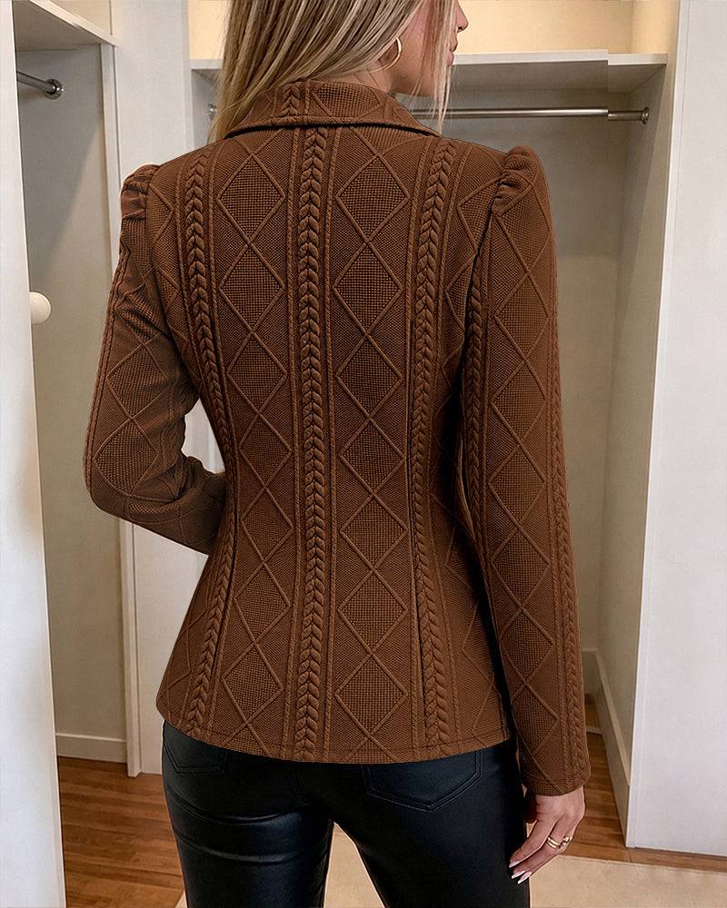 Blazer elegante de mujer con textura de cuadros de rombos, corte entallado, mangas abullonadas y botones dorados, chaqueta de traje para oficina con bolsillos