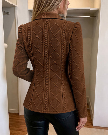 Blazer elegante de mujer con textura de cuadros de rombos, corte entallado, mangas abullonadas y botones dorados, chaqueta de traje para oficina con bolsillos
