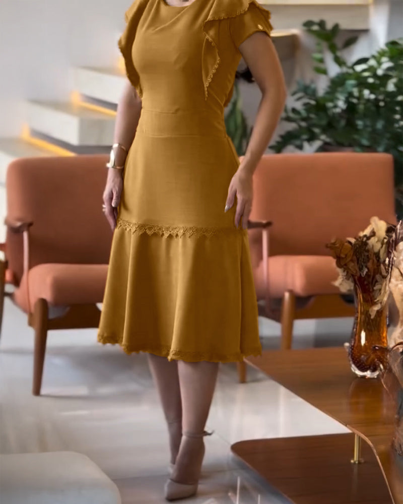 Butterfly Sleeve Hollow-out Back Shirred Work Dress Casual Cinched Waist Lace Trim Ruffle Hem Dress