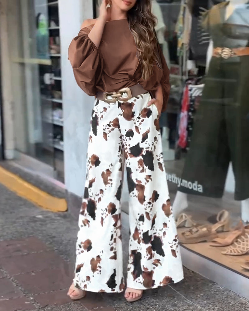 2 Pieces Outfit Skew Neck Batwing Sleeve Loose Fit Top and Cow Print Elastic Back Waist Zipper Side Wide Leg Pants Set without Belt