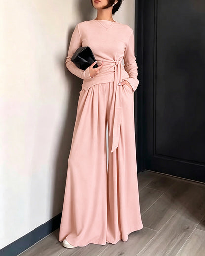 Women's 2 Piece Knit Lounge Set Long Sleeve Tie Waist Top and High Waisted Wide Leg Pants Casual Soft Sweatsuit with Pockets