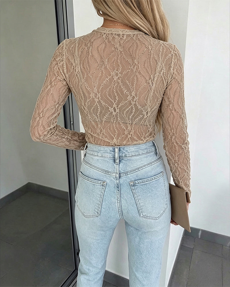 Women's Jacquard Textured Sheer Lace Long Sleeve Top Crewneck Slim Fit Tee with Thumb Holes