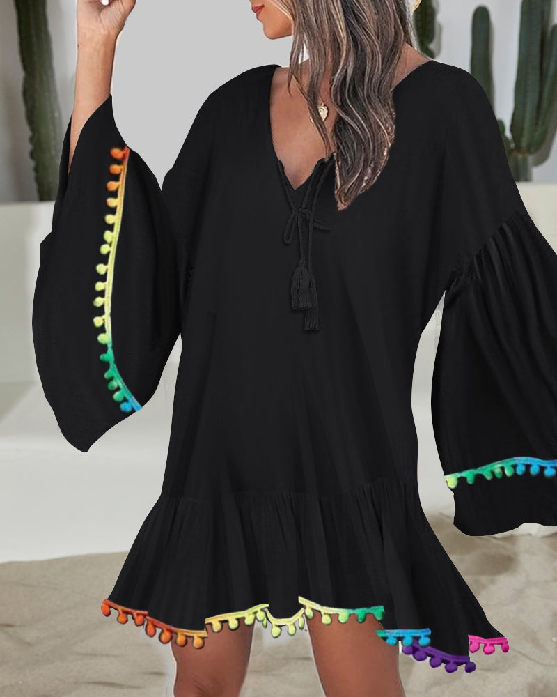 Colorblock V-Neck Bell Sleeve A Line Tassel Mini Dress Vacation Dress
