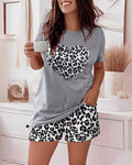 Leopard Heart Print Short Sleeve Pajamas Set