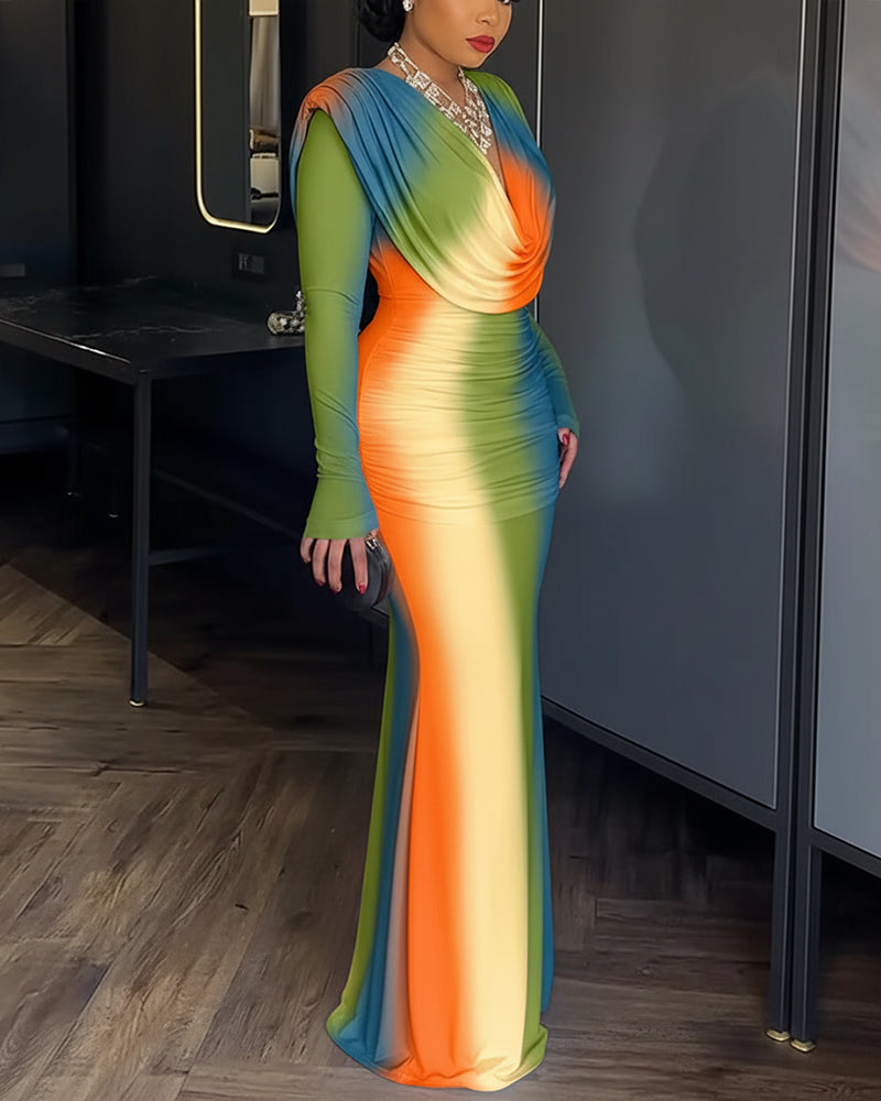 Tie Dye Print Cowl Neck Long Sleeve Backless Maxi Dress Slim Fit Zipper Back Ruched Mermaid Hem Evening Dress