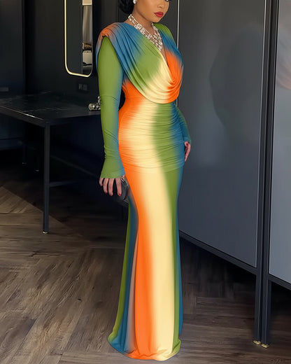 Tie Dye Print Cowl Neck Long Sleeve Backless Maxi Dress Slim Fit Zipper Back Ruched Mermaid Hem Evening Dress