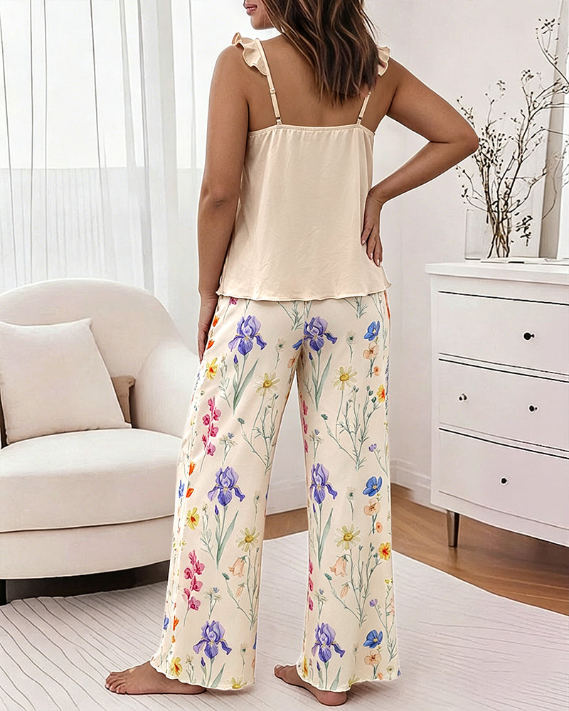 Women's Frill Trim Cami Pajama Set Letter Ruffle Spaghetti Strap Top and Floral Wide Leg Pants Casual Lounge Set with Pockets