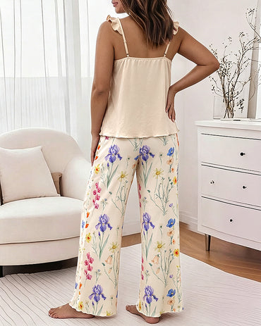 Women's Frill Trim Cami Pajama Set Letter Ruffle Spaghetti Strap Top and Floral Wide Leg Pants Casual Lounge Set with Pockets