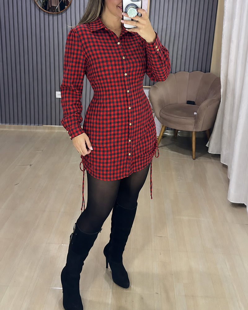 Women's Vintage Plaid Drawstring Long Sleeve Casual Dress Shirred Button Down Shirt Dress